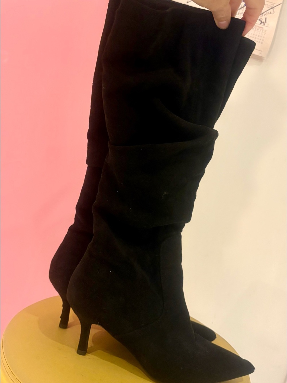 Black Faux-Suede Knee-High Pointed Toe Heeled Boots